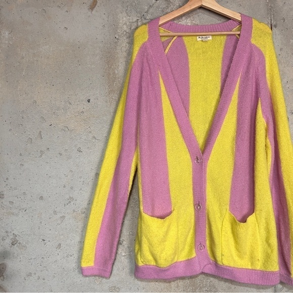 For love & lemons bright yellow and pink striped button front long cardigan - Picture 1 of 8